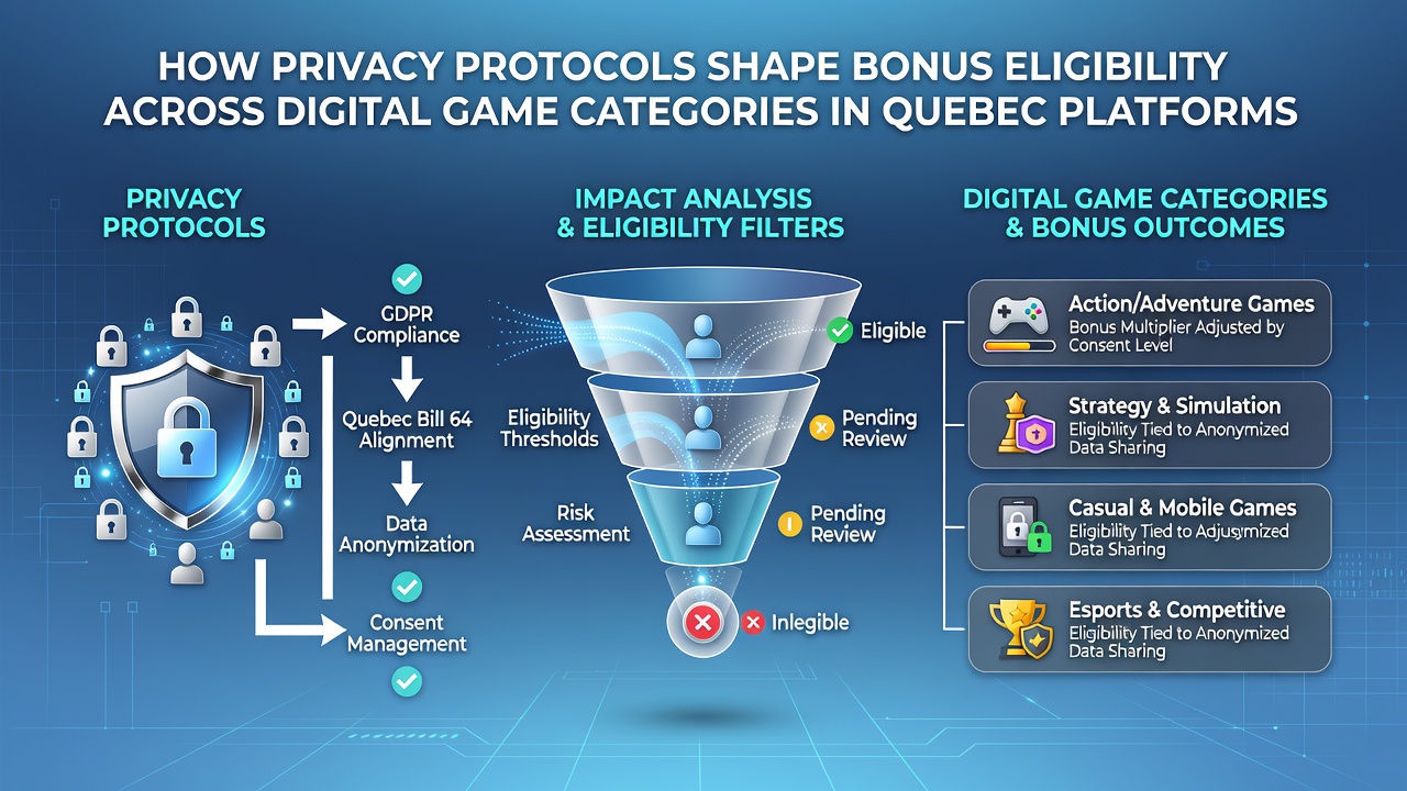 Digital interface showing segmented bonus eligibility rules for Quebec players across various game types